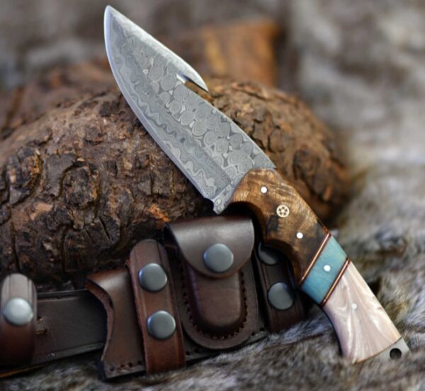 Custom Damascus Hunting Knife - 9.5" Gut Hook Fishing Camping Knife Exotic Rosewood & Mother of Pearl - Perfect Gift for Dad