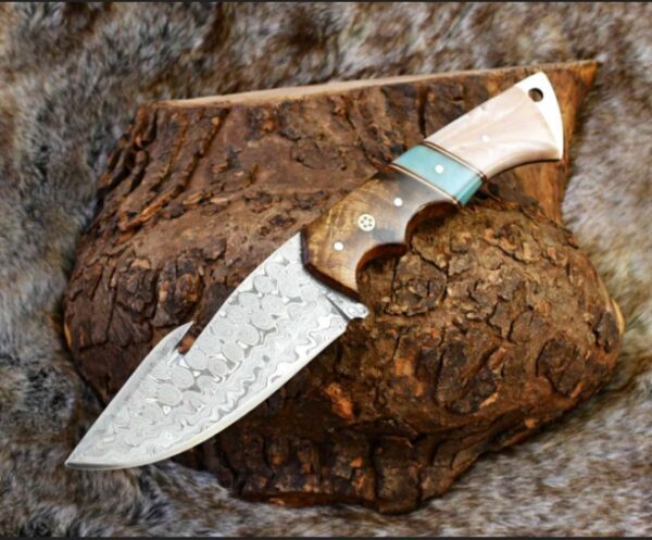 Custom Damascus Hunting Knife - 9.5" Gut Hook Fishing Camping Knife Exotic Rosewood & Mother of Pearl - Perfect Gift for Dad - Image 2