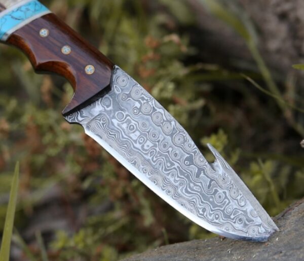 10" Custom Damascus Gut Hook Knife - Hunting, Fishing, Camping Utility Knife - Stag Horn Handle - Image 3