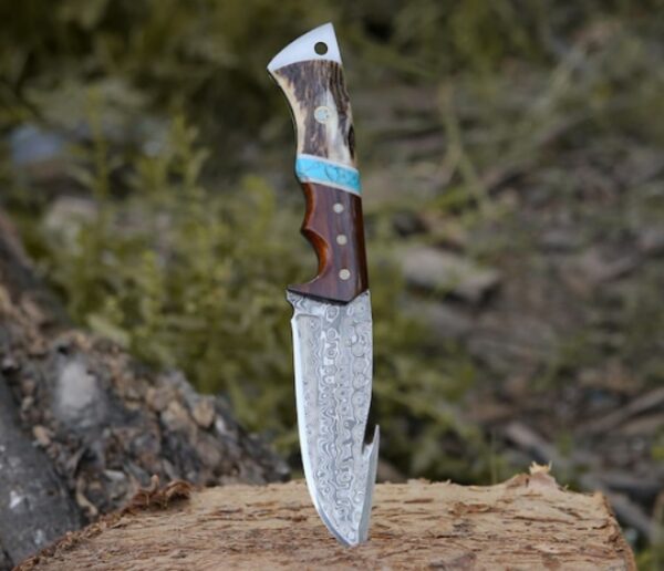 10" Custom Damascus Gut Hook Knife - Hunting, Fishing, Camping Utility Knife - Stag Horn Handle - Image 7