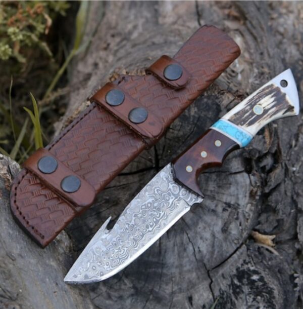 10" Custom Damascus Gut Hook Knife - Hunting, Fishing, Camping Utility Knife - Stag Horn Handle